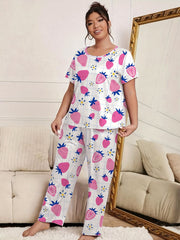 Strawberry & Flower Print Pajama Set Two Piece Loungewear
