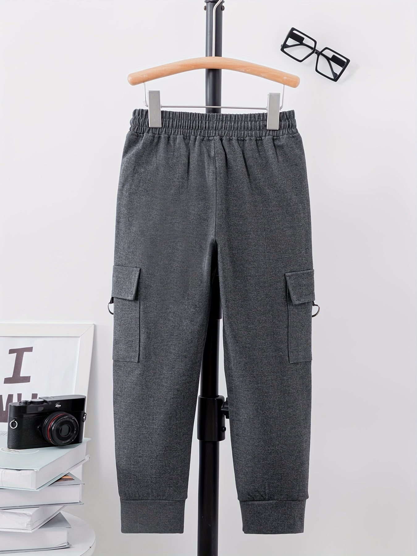 Boys Casual Solid Cargo Pants Elastic Waist Jogger Pants