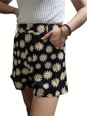 Daisy Print High Waist Shorts Casual Women's Clothing