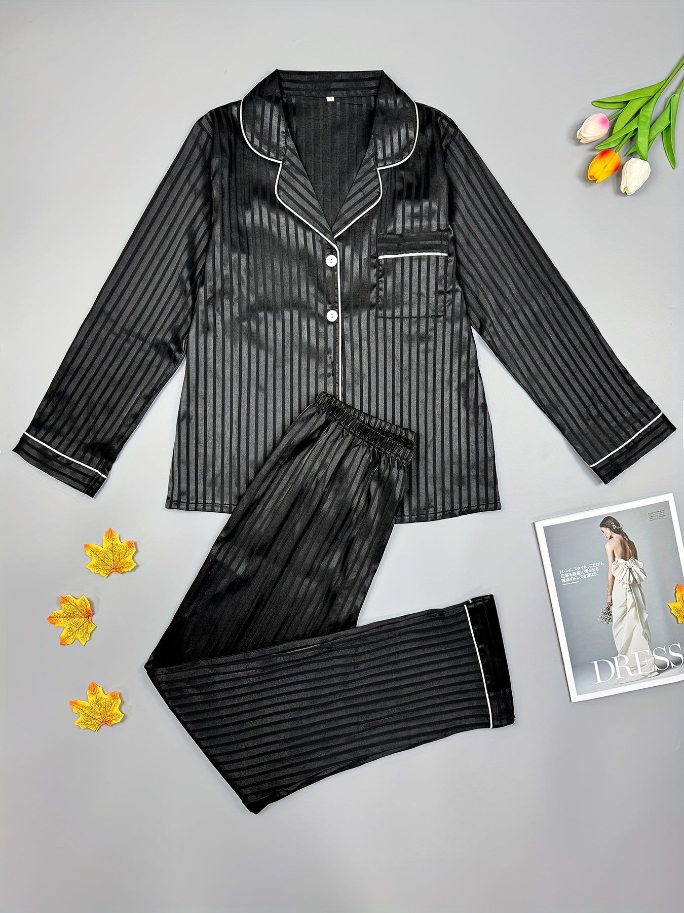 Striped Satin Pajama Set Long Sleeve Top & Pants Women's Sleepwear