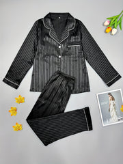 Striped Satin Pajama Set Long Sleeve Top & Pants Women's Sleepwear