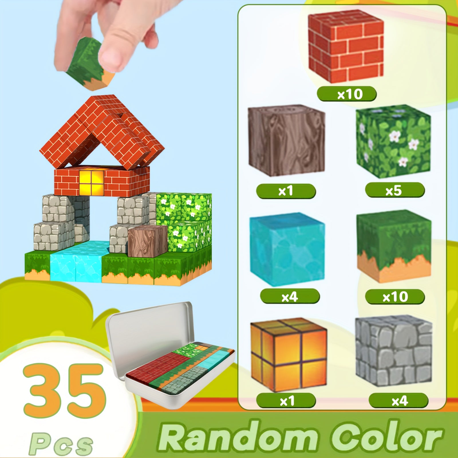 35pcs Magnetic Building Blocks Toy in Iron Box Portable 3D Construction Set