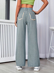 Raw Fringe Vintage Style Wide Leg Jeans High Rise Washed