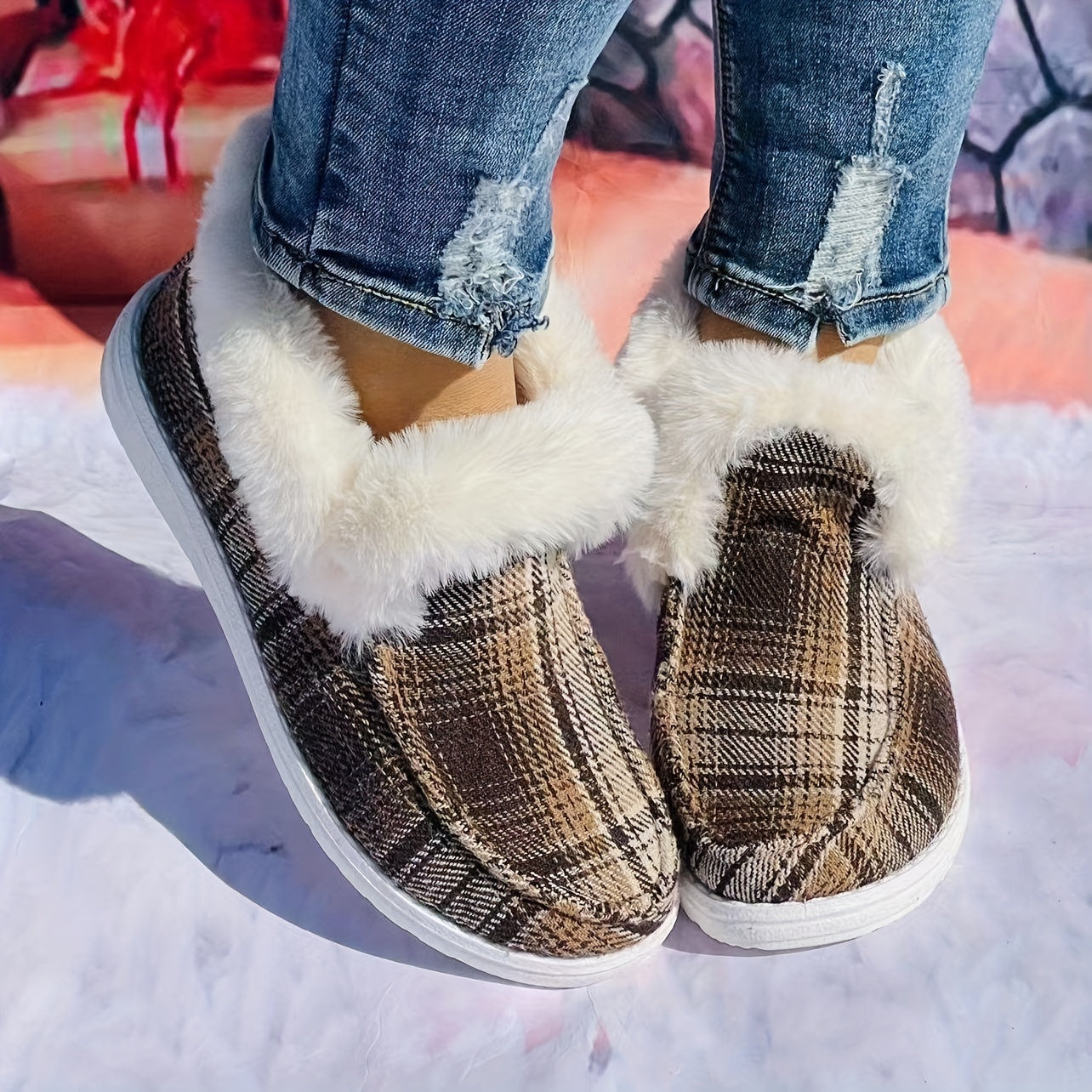 Large Checkered Printed Furry Snow Boots