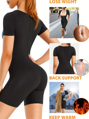 Solid Zipper Shaping Romper Tummy Control Butt Lifting Short Sleeve Body Shaper