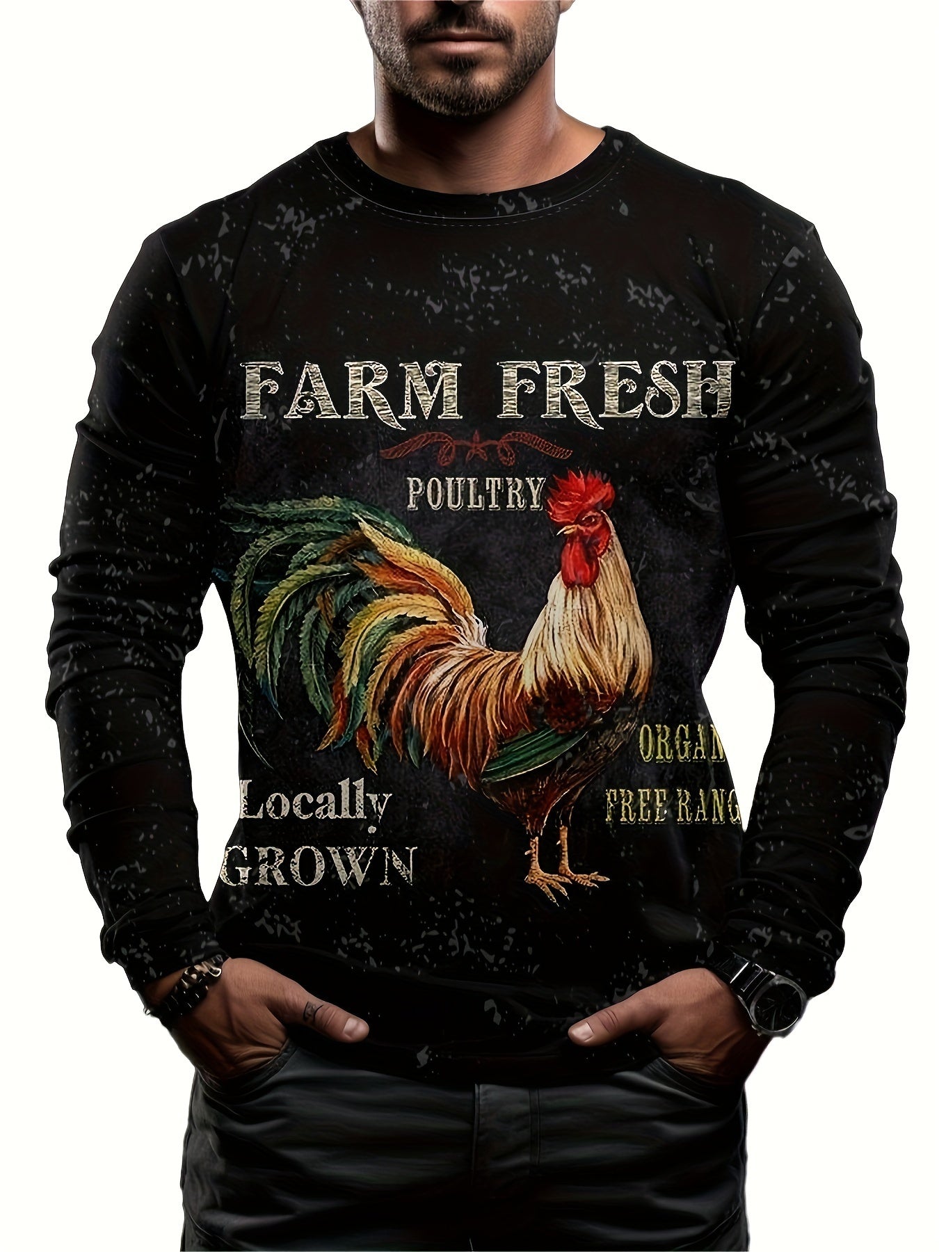 Rooster Print Men's Long Sleeve Novelty T-shirt for Autumn