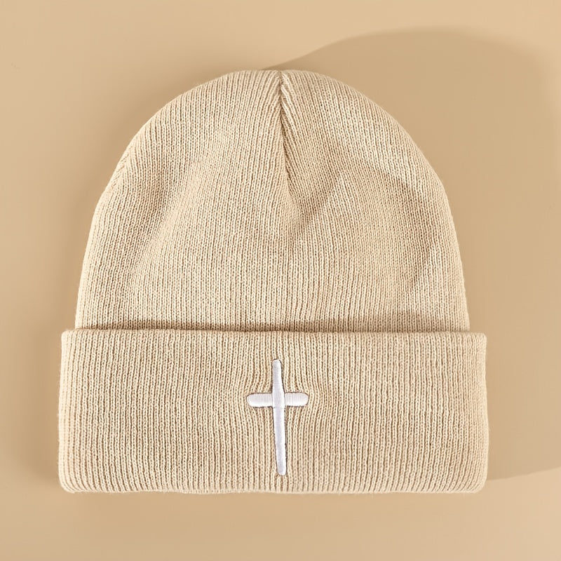 Cross Embroidery Knitted Hat Men's Beanie
