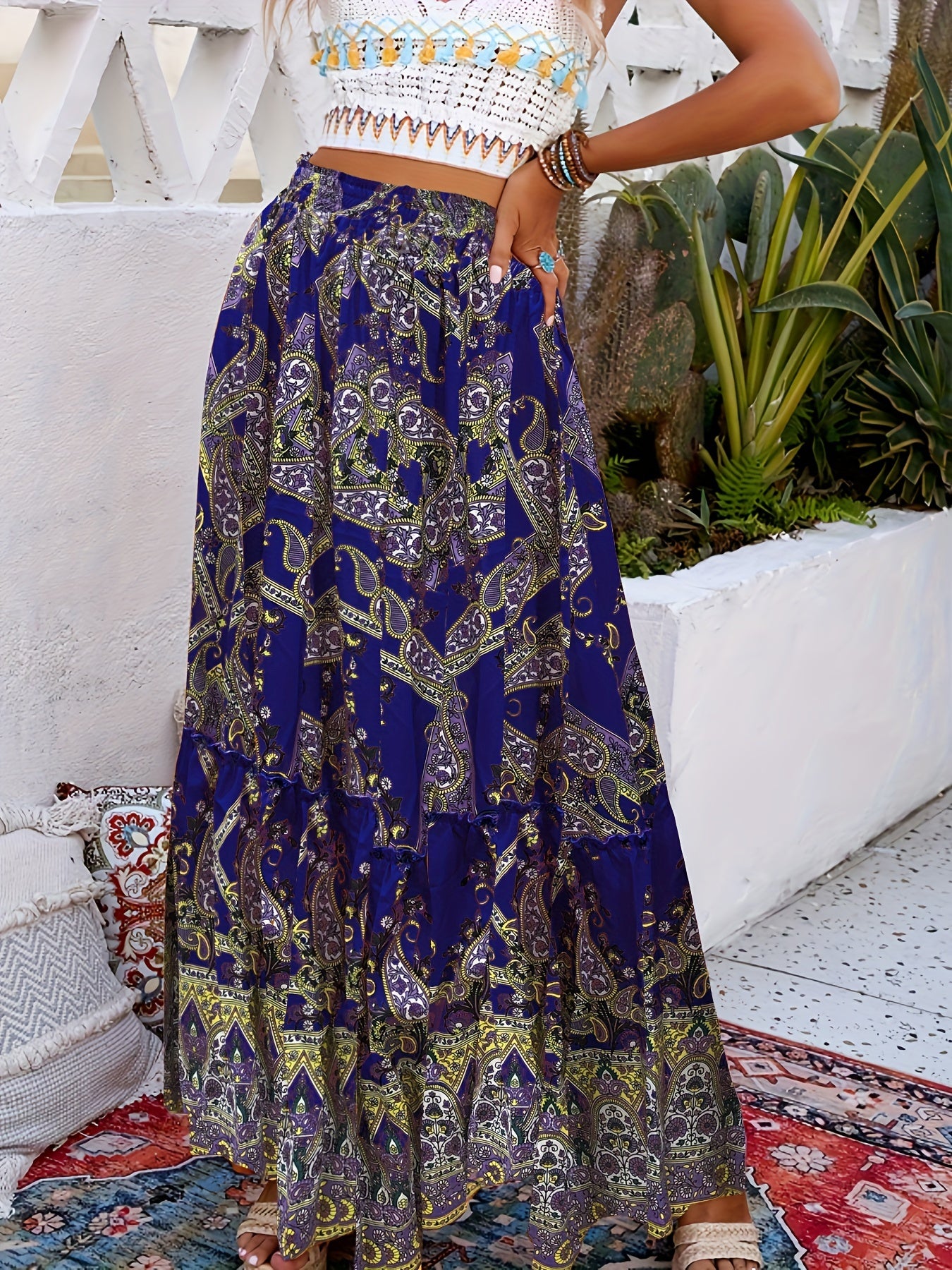 Boho Paisley Print Drawstring Maxi Skirt