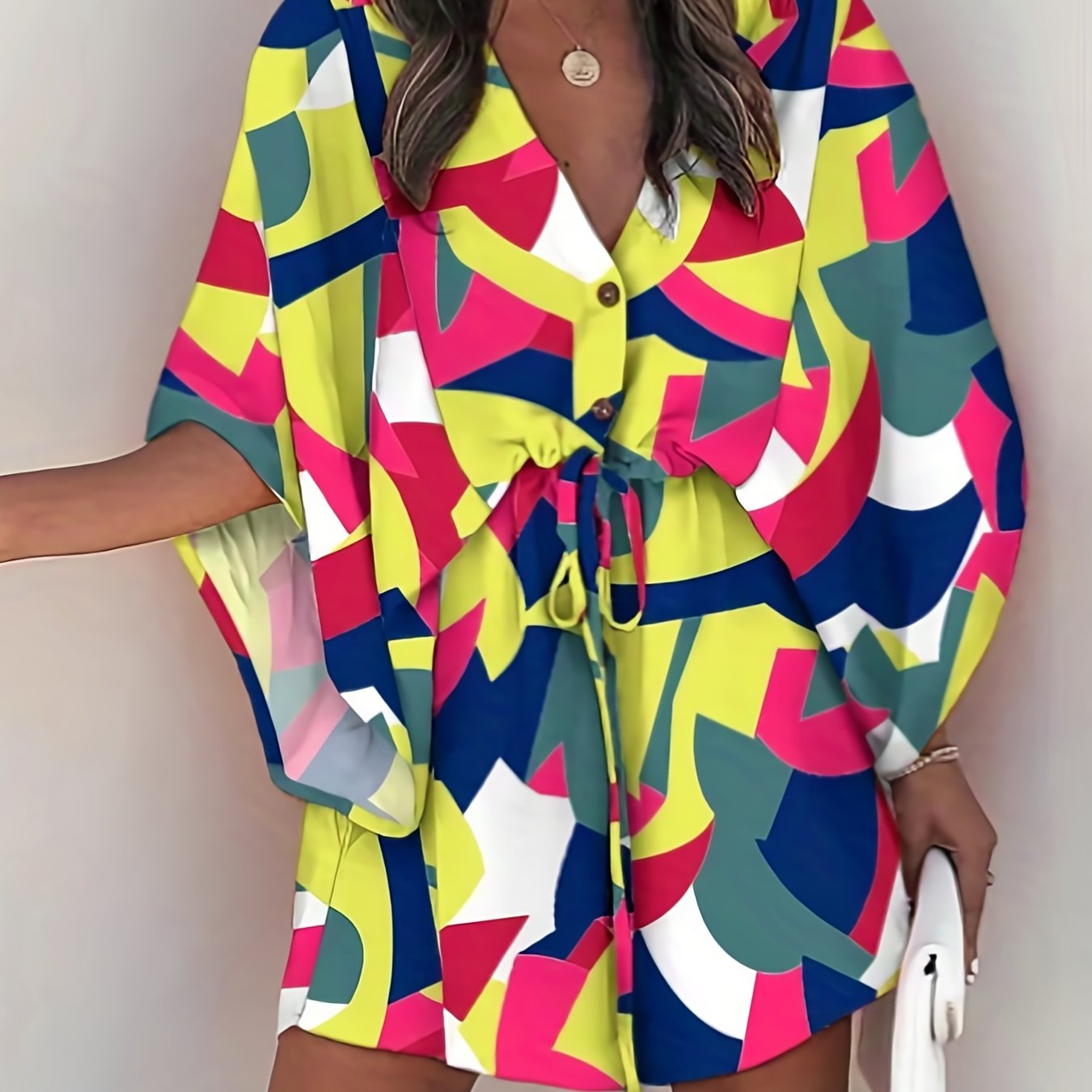 Bell Sleeve Button Dress V Neck Drawstring Casual