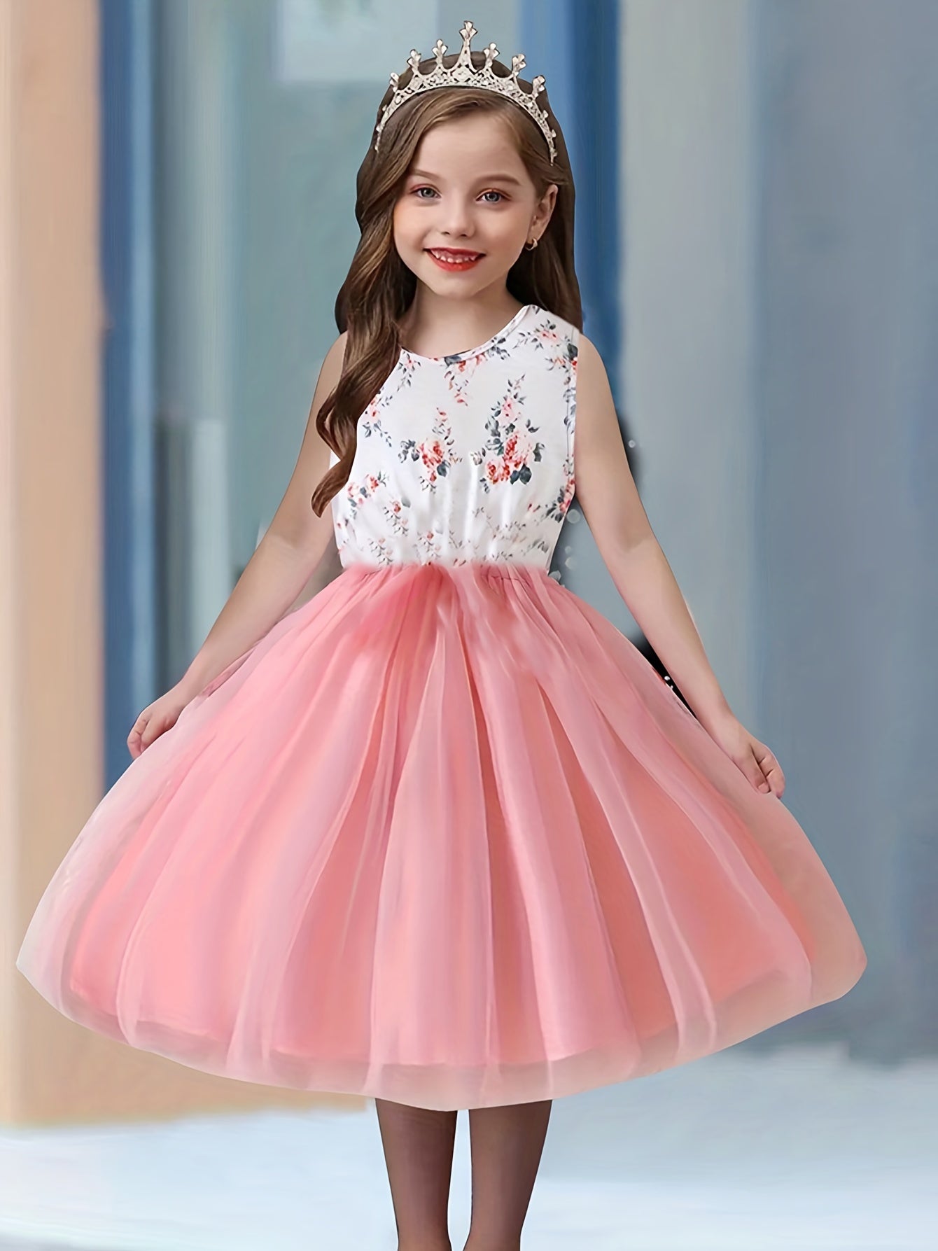 Girls Flower Graphic Tutu Dress Mesh Dress For Party