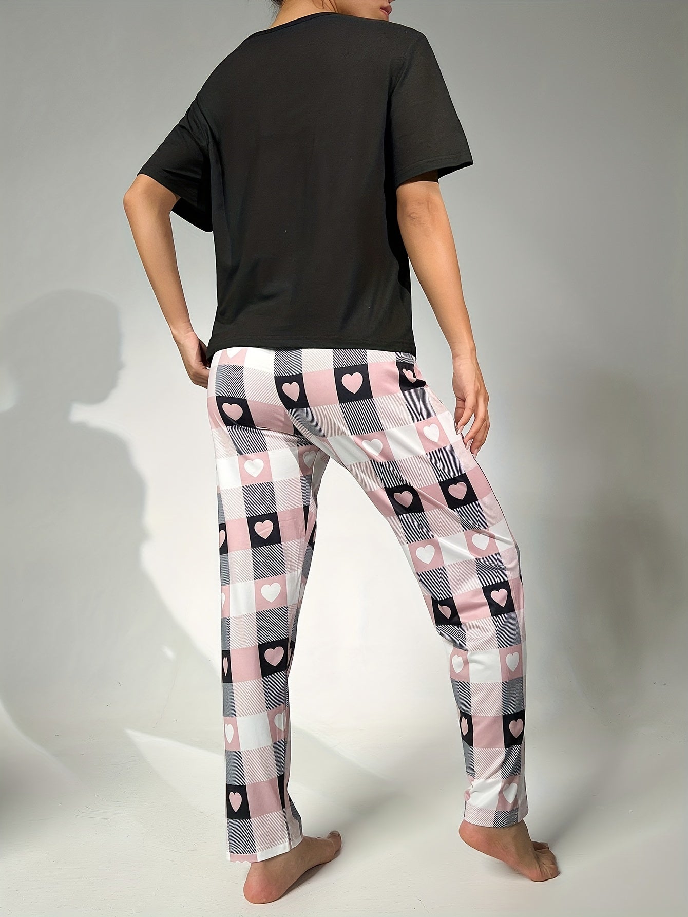 Letter Print Pajama Set Short Sleeve Top & Plaid Pants