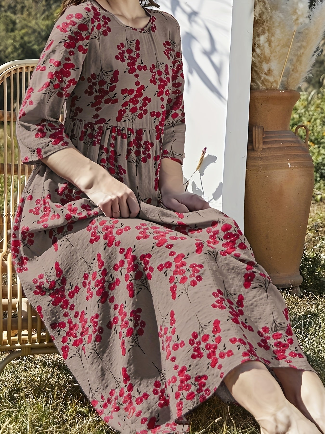 Boho Dress Women's Plus Floral Print Ruched Loose Fit Dress