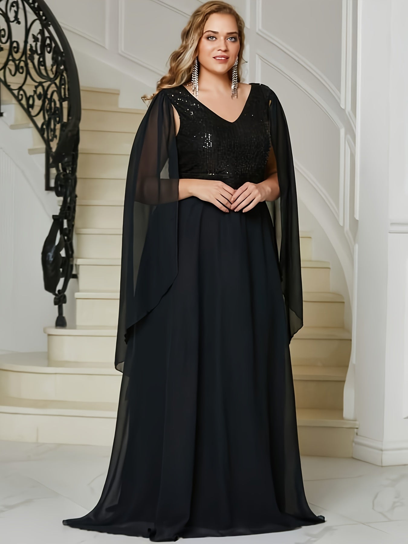 Sequin Decor Cloak Sleeve V Neck Maxi Evening Formal Dress