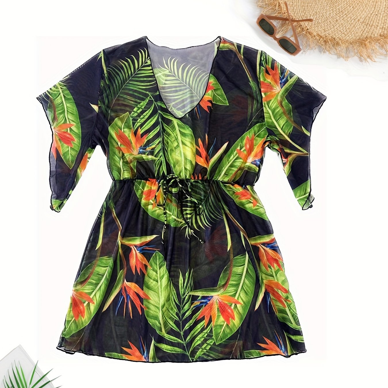 Tropical Print Bell Sleeve V Neck Cover Up