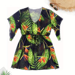 Tropical Print Bell Sleeve V Neck Cover Up