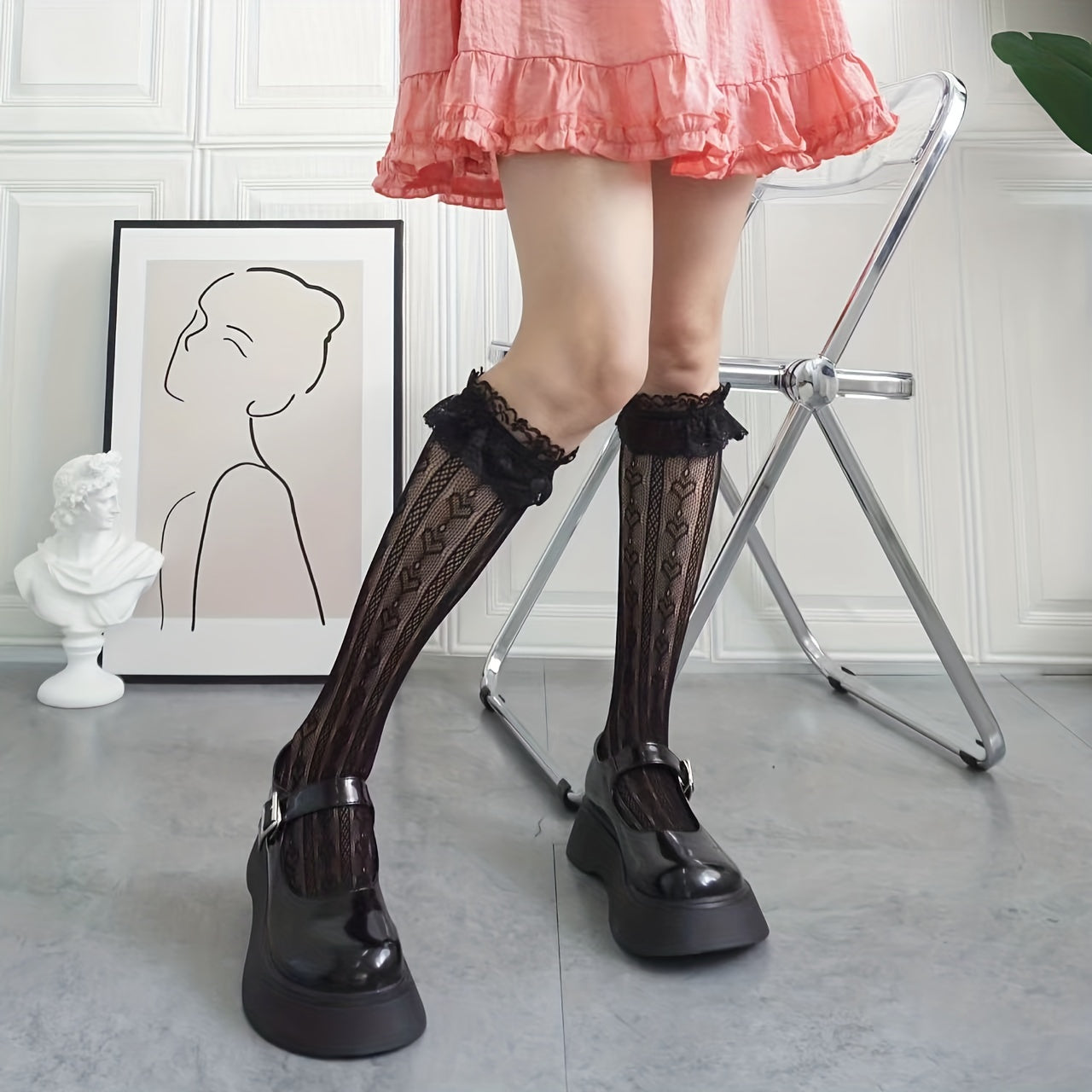 Lace Mesh Calf Socks Ruffle Knee High Stockings