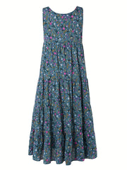Floral Print Tank Dress Vintage Sleeveless Ruched Dress