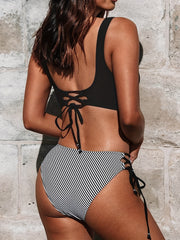 Striped Print Bikini Sets Criss Cross Tie Back High Cut Two Pieces Swimsuit