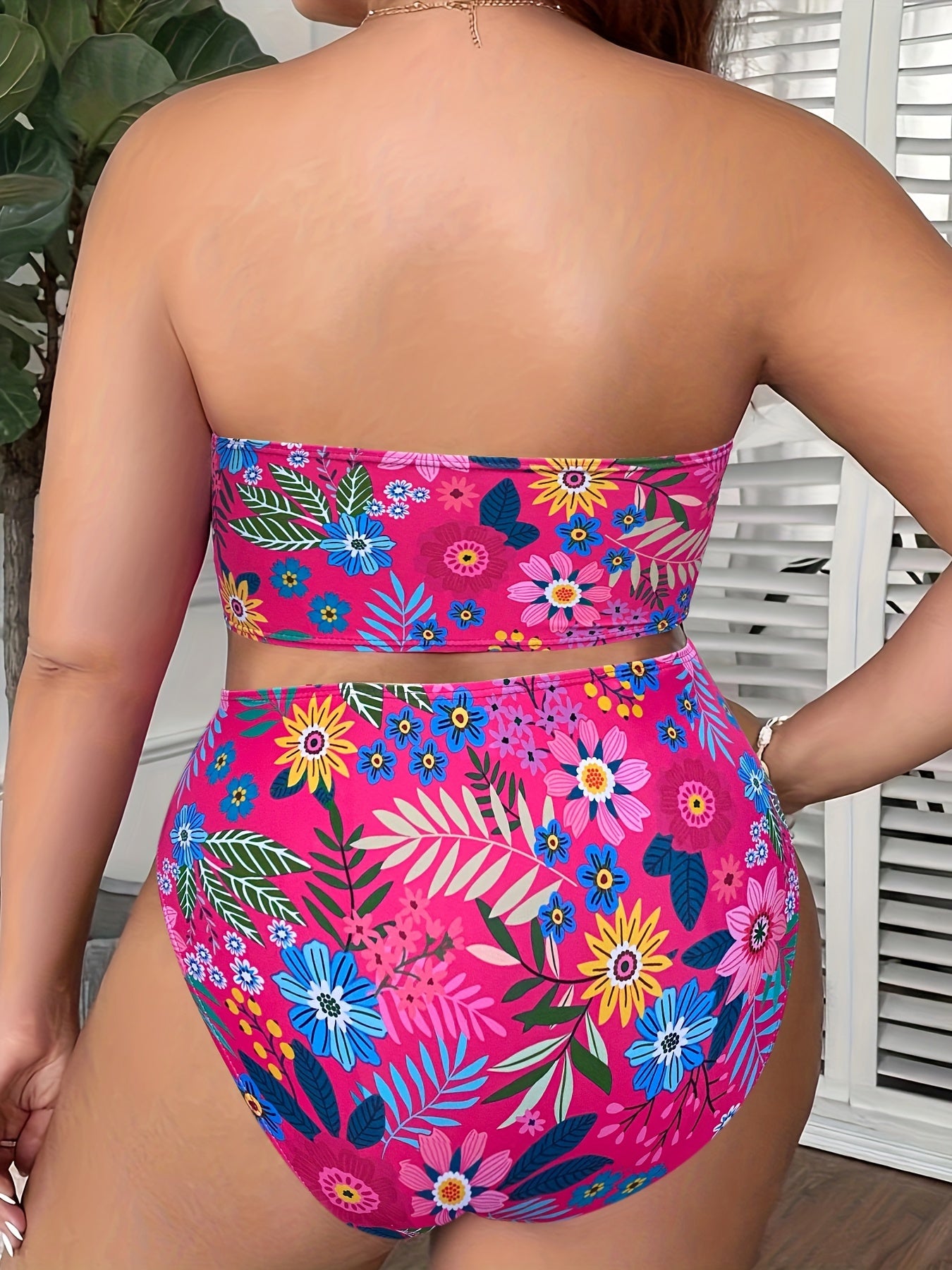 Tropical Print Strapless Bikini Set