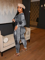 Plus Denim Print Long Sleeve Tee & Leggings Set