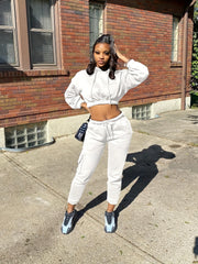 Solid Drawstring Two Piece Set Cropped Hoodie & Jogger Pants Outfit