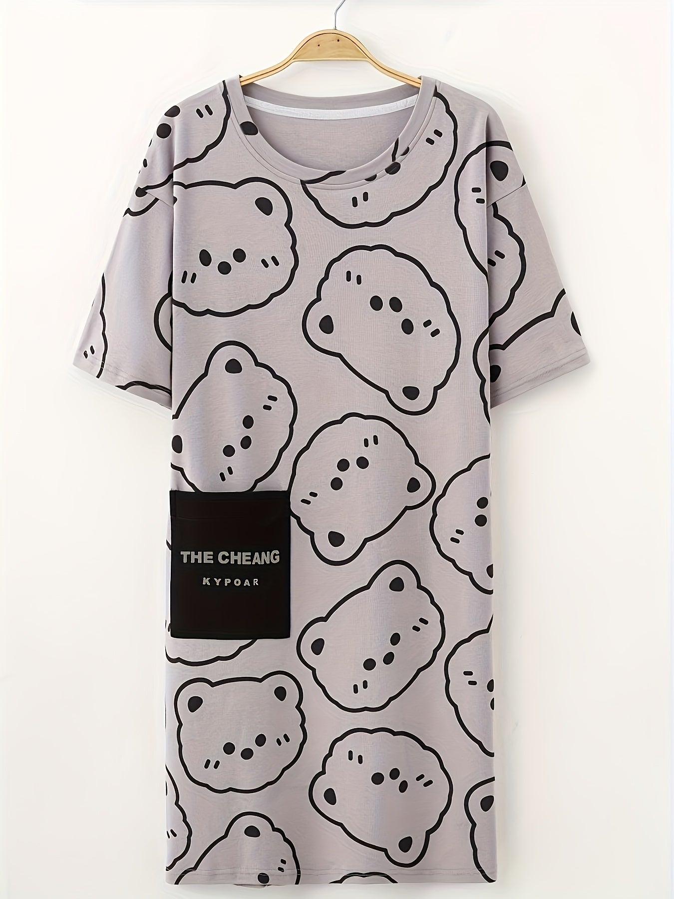 Bear Print NightDress Short Sleeve Pajama Dress Women's Sleepwear