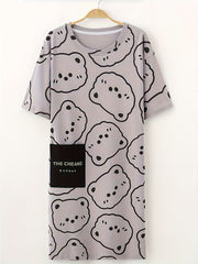 Bear Print NightDress Short Sleeve Pajama Dress Women's Sleepwear