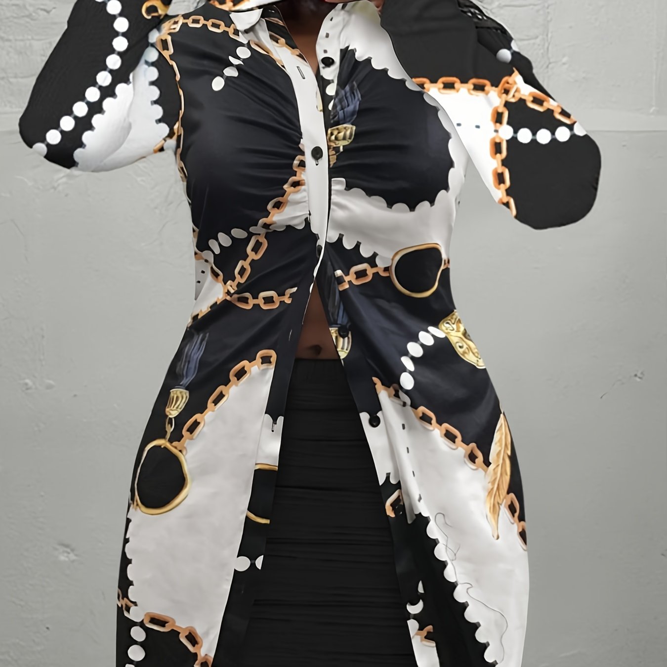 Chain Print Blouse & Solid Skirt 2 Piece Set