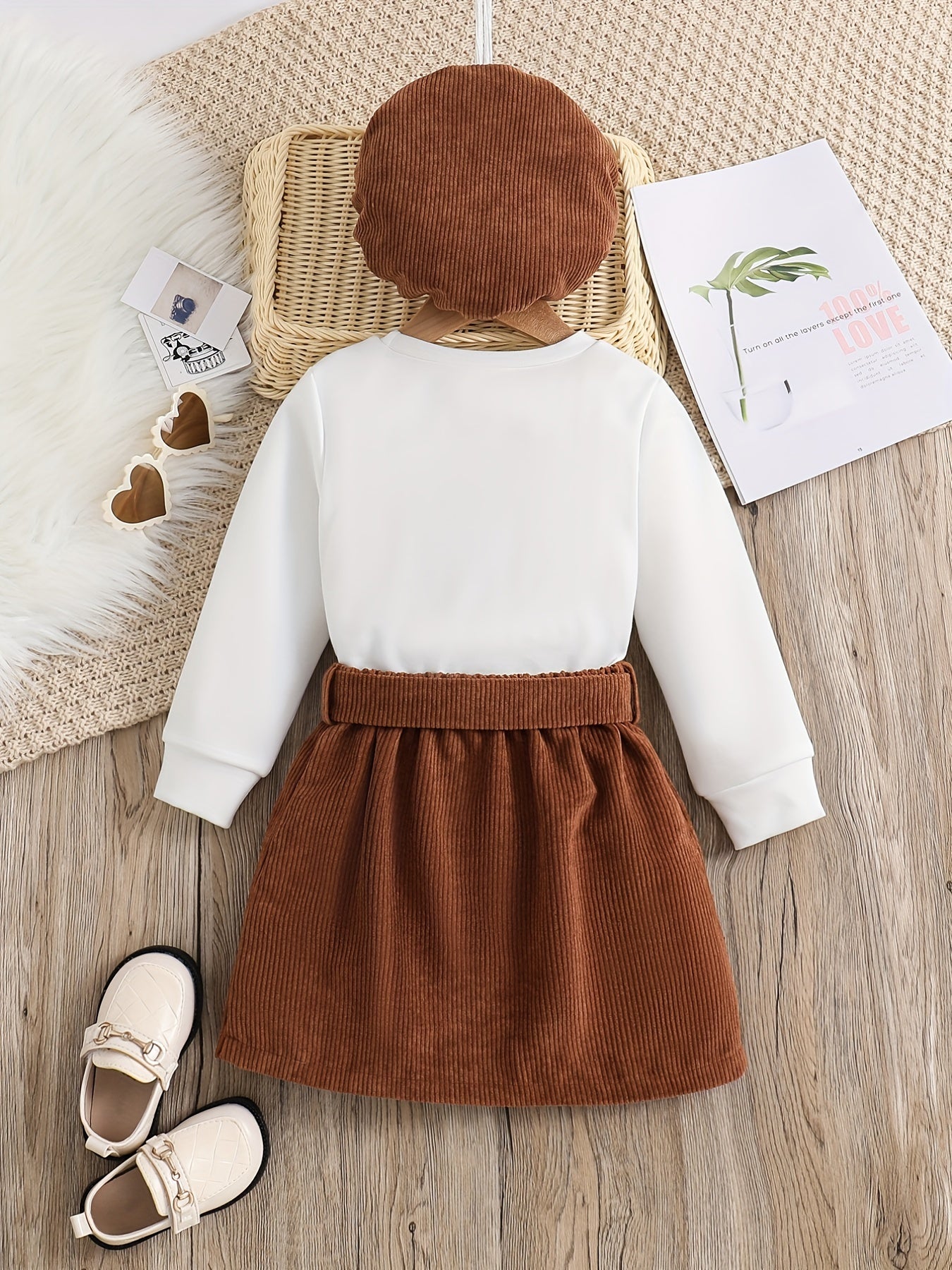 Girl's Corduroy 3pcs Heart Pattern Set Casual Outfits Spring Autumn