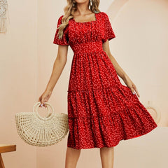 Heart Print Midi Dress Square Neck Drop Shoulder A Line Dress