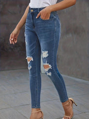 High Stretch Skinny Jeans Whiskering Knee Cut Distressed Denim Pants