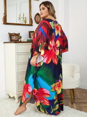 Plus Size Floral Print Batwing Sleeve V Neck Cover Up Dress