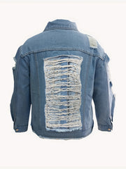 Women's Plus Ripped Denim Jacket - Long Sleeves Lapel Collar