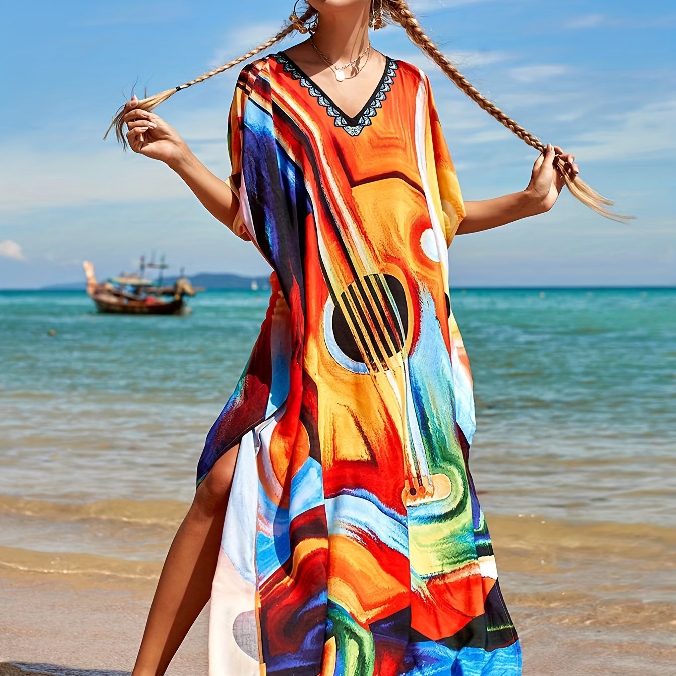 Colorful Abstract Art V Neck Cover Up Dress Kaftan