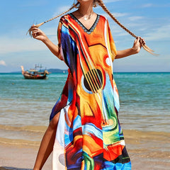 Colorful Abstract Art V Neck Cover Up Dress Kaftan