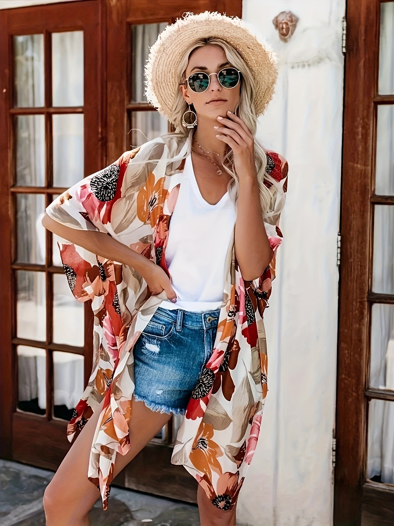Floral Print Bat Sleeve Cover Up Cardigan