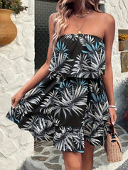 Plant Print Foldover Tube Dress Off Shoulder Summer Dress