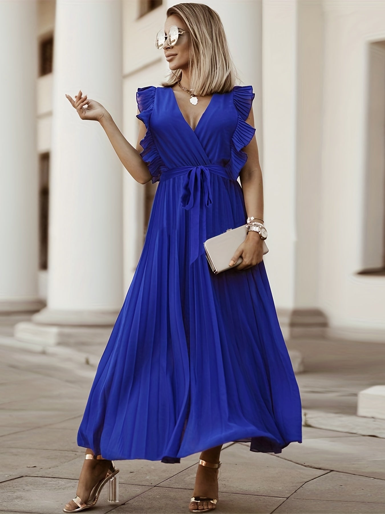Ruffle Trim Pleated Dress Solid Surplice Neck Maxi Dress Women's Clothing
