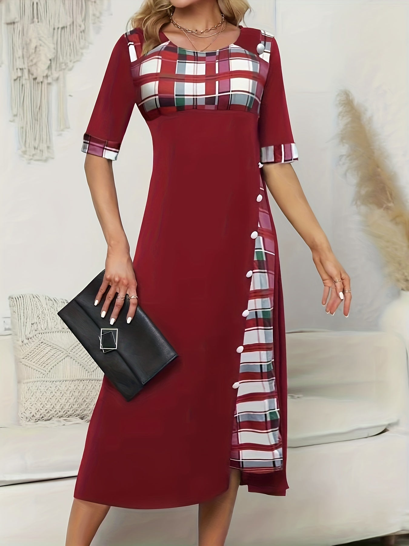 Plaid Print Button Decor Short Sleeve Dress With Pockets