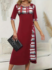 Plaid Print Button Decor Short Sleeve Dress With Pockets