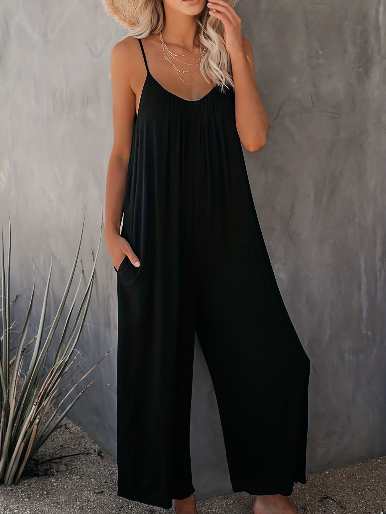 Solid Spaghetti Wide Leg Jumpsuit Casual Backless Sleeveless Jumpsuit