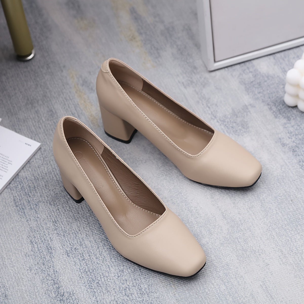 Chunky Heeled Court Pumps Square Toe Slip On Mid Heels for Office Work