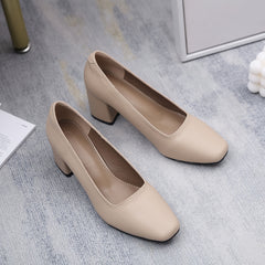 Chunky Heeled Court Pumps Square Toe Slip On Mid Heels for Office Work