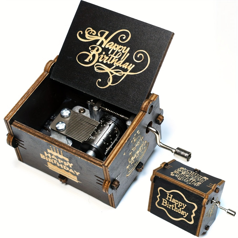 Happy Birthday Music Box Wooden Hand Crank Engraved Musical Instrument