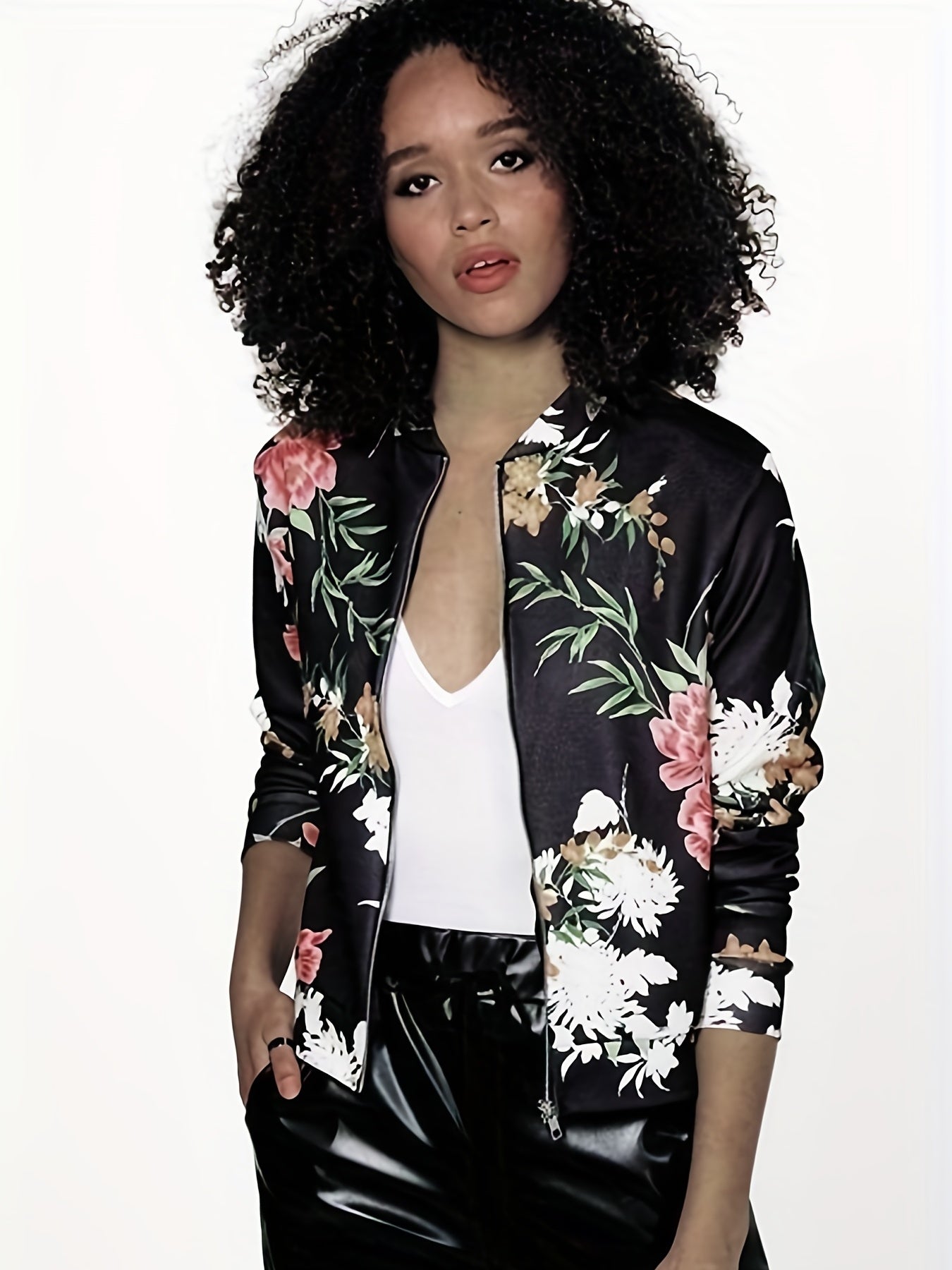 Floral Print Zip Up Jacket Women's Outerwear