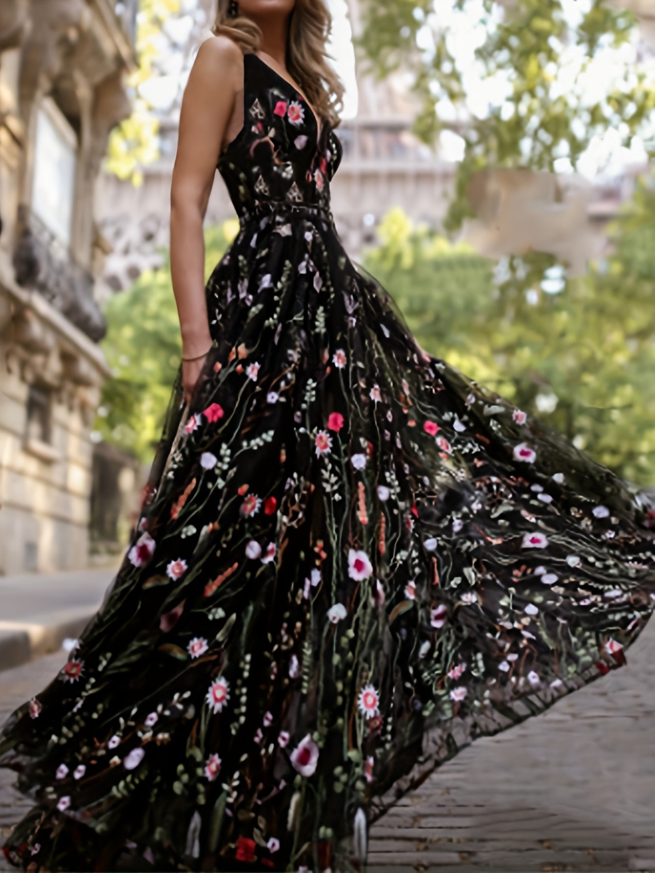 Floral Embroidered V Neck Maxi Party Dress