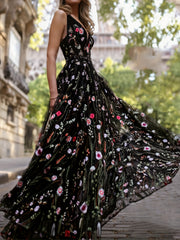 Floral Embroidered V Neck Maxi Party Dress