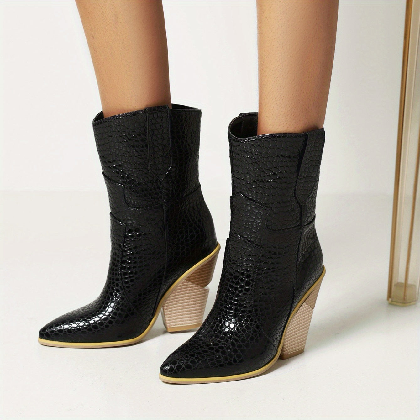 Crocodile Print Chunky Heel Boots Pointed Toe Stacked High Heel Mid Calf Boot