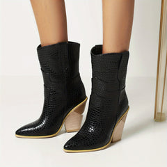 Crocodile Print Chunky Heel Boots Pointed Toe Stacked High Heel Mid Calf Boot