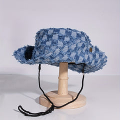 Plaid Pattern Denim Cowboy Hat Hip Hop Sunscreen Bucket Hat Unisex